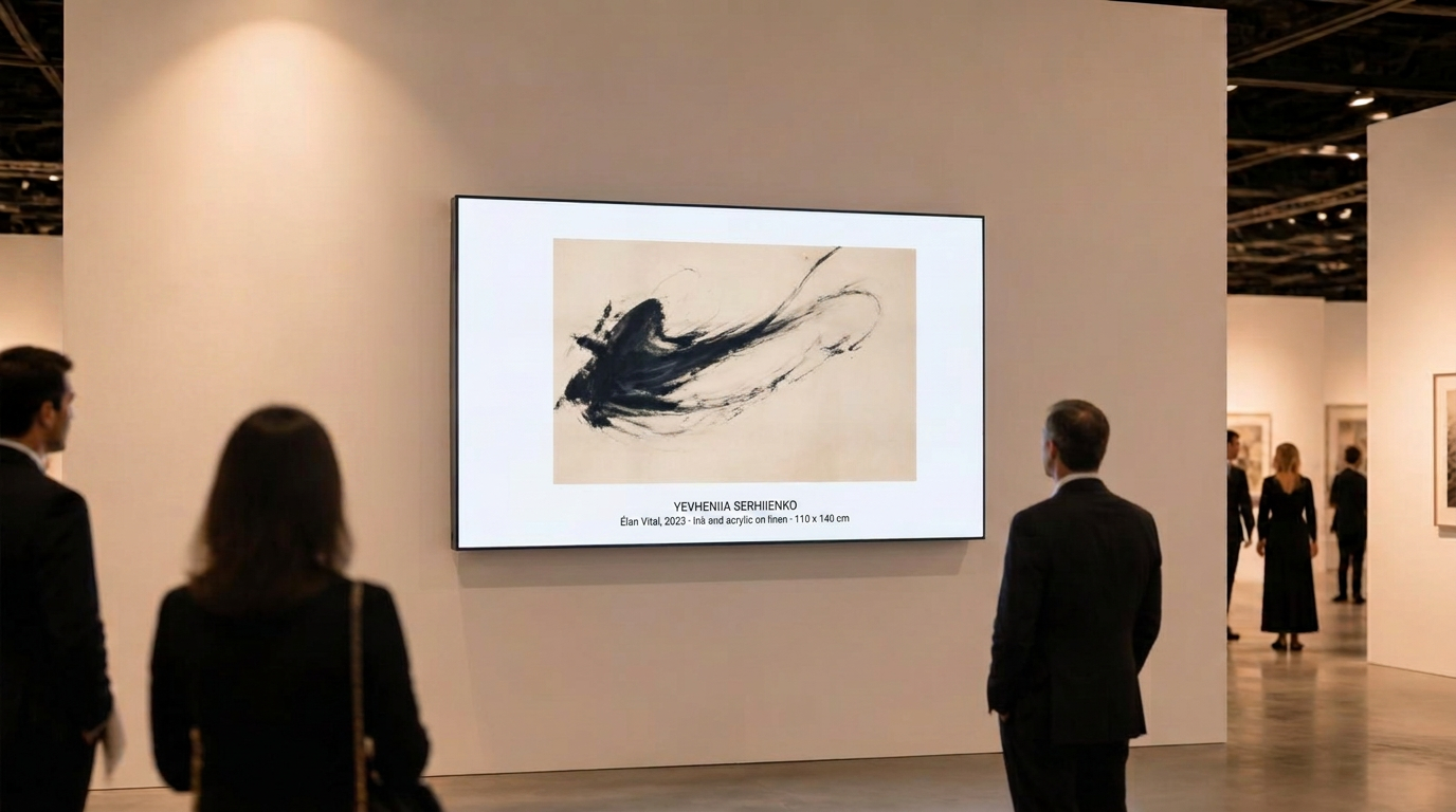 80-inch digital display presenting a contemporary artwork on a four-metre art fair booth wall